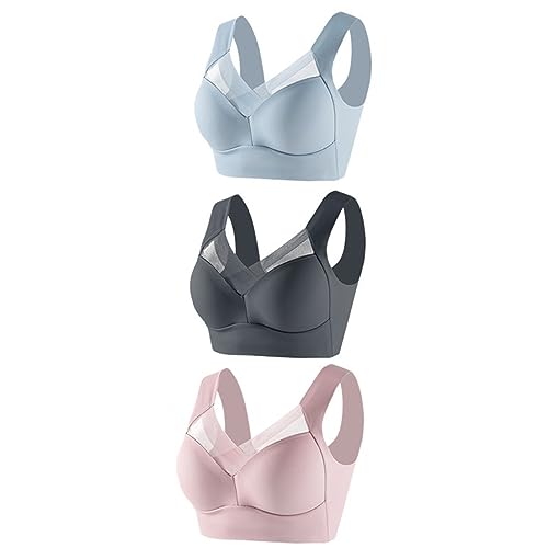 Damen BH Große Brüste Ohne Bügel Comfy Haltungskorrektur BH 3er Pack Große Größen Gepolstert Push Up BH Damen Großer Trägerloser Spitzen Unterwäsche Dünner Verstellbarer BH Sport (Dark Gray, L) von Generic