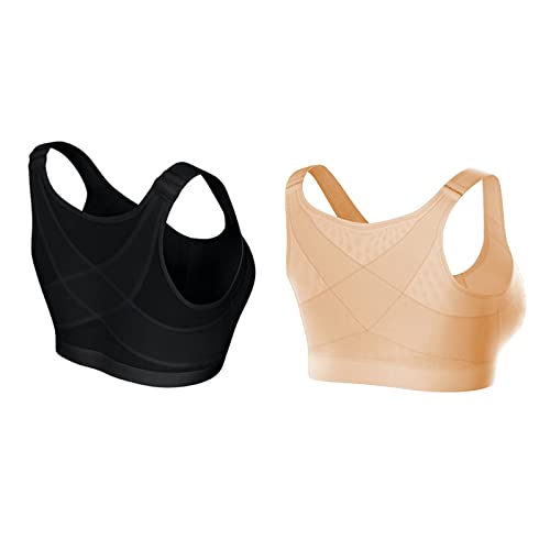 Damen BH Ohne Bügel Schlaf Bustier Tops Komfort Starker Halt Vorne Vershcluss Rückenstütze Haltungskorrektur BH Ungepolstert Senioren BH Schlaf Still Sport Bralette in vielen Farben (Schwarz+Beige, M) von Generic