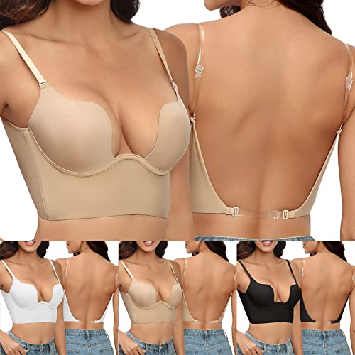 Damen BH mit niedrigem Rücken, Drahthebe, tiefer U-förmiger rückenfreier BH mit wandelbaren transparenten Trägern (01 Beige, XL) von Generic