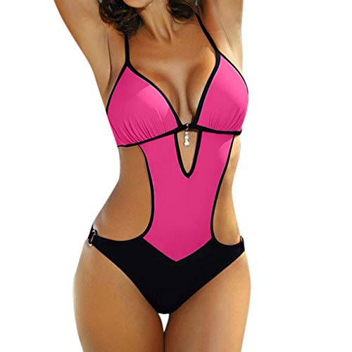 Damen Badeanzug Einteilege Wickel Push Up Bademode Figurformend Bauchweg Bikini Große Größe Cut Out Einteilige Strandmode Swimsuit (Hot Pink, S) von Generic