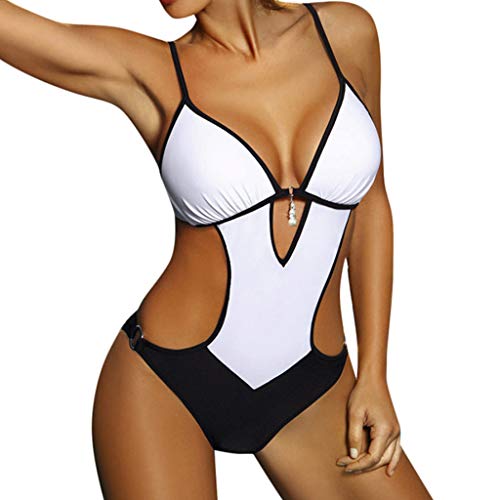 Damen Badeanzug Einteilege Wickel Push Up Bademode Figurformend Bauchweg Bikini Große Größe Cut Out Einteilige Strandmode Swimsuit (White, M) von Generic