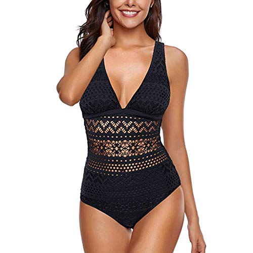 Damen Badeanzug Einteiliger Cut Out Sexy Swimsuit Push up figurformend Einteiler Mesh-Badeanzug Schwimmanzug V-Ausschnitt Schlankheits Sommer (Yz1-Black, XL) von Generic