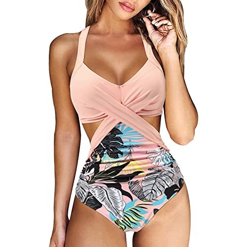 Damen Badeanzug Elegant Swimsuit Einteiliger Bikini Damen Bauchweg Swimsuit Damen Sexy Push Up Badeanzüge Damen Strandmode Swimsuit Bademode Schwimmanzug Monokini Swimsuit (0428B-Pink, L) von Generic