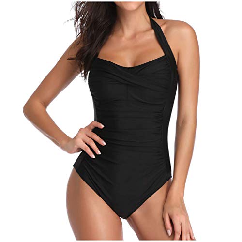 Damen Badeanzug Neckholder Bauchweg Rückenfrei Monokini Ruched Einteilige Bademode Swimsuit Badeanzüge Bauchweg 1 Piece Push Up Sexy Bikini Plus Size Badebekleidung (Black, XS) von Generic