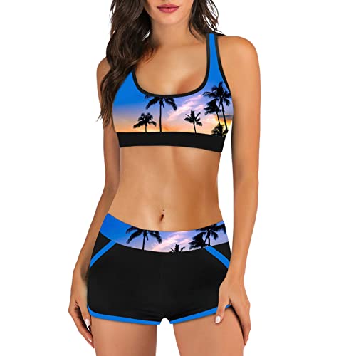 Damen Badeanzug Shorts Set Druck Damen Bademode Badeanzug Digital Beachwear Set Taille Bikini High Split Bademode Tankinis Set Frauen Boardshorts Badebekleidung Bademode von Generic