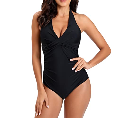 Damen Badeanzug Triangel V Ausschnitt Streifen Bauchweg Raffungen Einteilige Bademode Swimsuit,Badeanzug Gr 52,N-Black,L von Generic