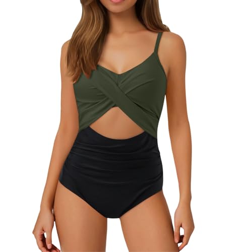 Damen Badeanzug V Ausschnitt Wickeloptik Bauchweg Raffungen Zierausschnitten Einteilige Bademode Swimsuit Große Größe One Piece Swimsuits von Generic