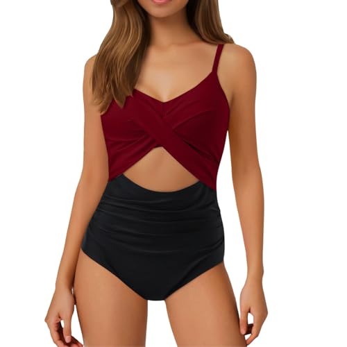 Damen Badeanzug V Ausschnitt Wickeloptik Bauchweg Raffungen Zierausschnitten Einteilige Bademode Swimsuit Große Größe One Piece Swimsuits von Generic