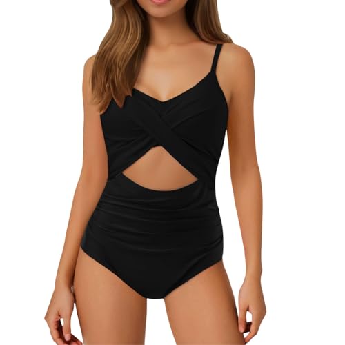 Damen Badeanzug V Ausschnitt Wickeloptik Bauchweg Raffungen Zierausschnitten Einteilige Bademode Swimsuit Große Größe One Piece Swimsuits von Generic