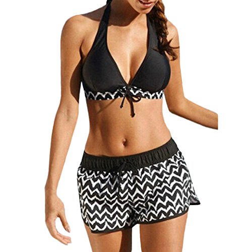 Damen Badeanzug mit Shorts Frauen Sets Zweiteilige Bikini Sets mit Surfen Kurze Jungen Shorts Bademode Damen Boardshorts Bademode Lang, Schwarz , 44 von Generic