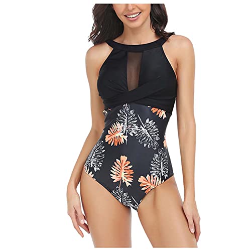 Damen Badeanzug mit Zierausschnitten Raffung Bauchweg Strandmode High Neck Einteilige Bademode Swimsuit,Damen Badeanzug figurformend Neckholder,F-Black,L von Generic