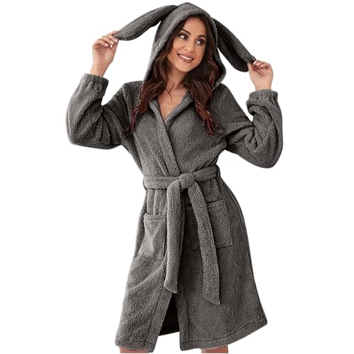 Damen-Bademantel flauschiger weicher Plüsch-Bademantel für Frauen Hausmantel Loungewear arbunny Ohren Kapuze Flanell Bademantel lose Pyjamas Fleece Kleider, grau, 36 von Generic