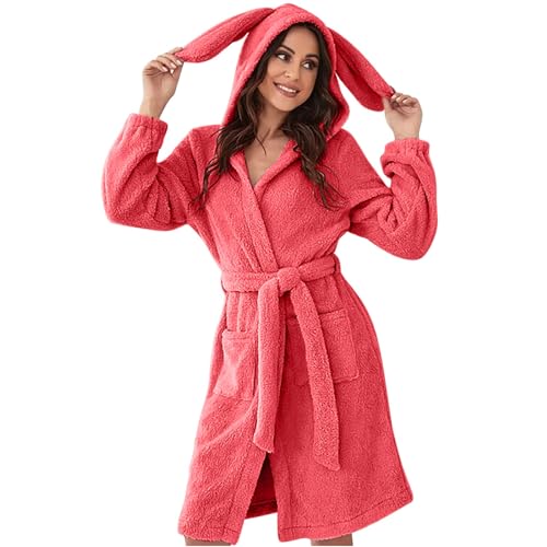 Damen-Bademantel flauschiger weicher Plüsch-Bademantel für Frauen Hausmantel Loungewear arbunny Ohren Kapuze Flanell Bademantel lose Pyjamas Fleece Kleider, rot, 36 von Generic