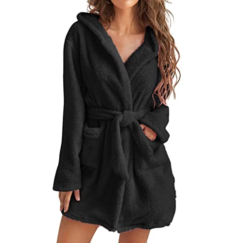 Damen Bademantel kurz mit Kapuze - Decke Pyjama Damen Kapuze Fleece Bademantel Leicht Weich Plüsch Kurz Flanell Nachtwäsche Plüsch Damen Flauschiger Saunamantel Morgenmantel (Schwarz,M) von Generic