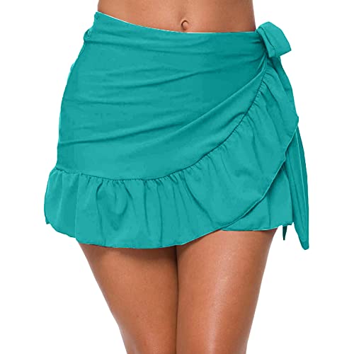 Damen Baderock Kurze Bikini Rock mit Seitenschlitz & Tunnelzug High Waist Minirock Schwimmrock Badekleid Bademode Strand Rock (Green #1, M) von Generic