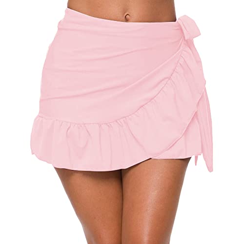 Damen Baderock Kurze Bikini Rock mit Seitenschlitz & Tunnelzug High Waist Minirock Schwimmrock Badekleid Bademode Strand Rock (Pink #1, L) von Generic