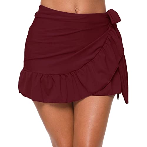 Damen Baderock Kurze Bikini Rock mit Seitenschlitz & Tunnelzug High Waist Minirock Schwimmrock Badekleid Bademode Strand Rock (Wine #1, L) von Generic