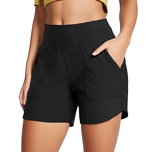 Damen Badeshorts Große Größe Schwarze Schnell Trocknend Badehose Schwimmhose mit Innenslip Hohe Taille Swim Boardshorts Pocket Bademode Shorts V-Slit Beachwear Unterteile mit Weite (B - Black, S) von Generic