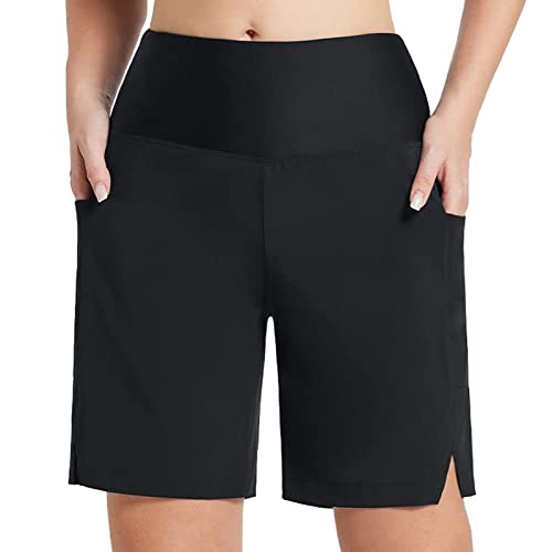 Damen Badeshorts Große Größe Schwarze Schnell Trocknend Badehose Schwimmhose mit Innenslip Hohe Taille Swim Boardshorts Pocket Bademode Shorts V-Slit Beachwear Unterteile mit Weite Hosenbeine von Generic