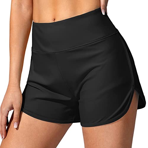 Damen Badeshorts Sommer Boardshorts Kurze Badehose Lässig Bademode Shorts Pocket Klassisch High Waist Schwimmhose Strand Wassersport Strandhose Schwimmshorts mit Gummibund (Black#1, S) von Generic