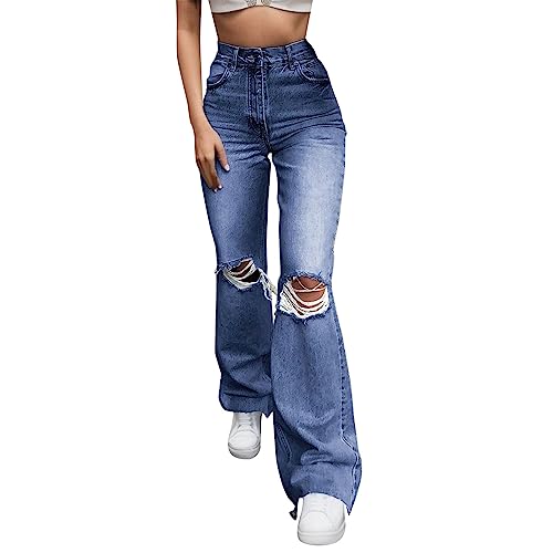 Damen Baggy Destroyed Jeans Bootcut Stretch-High Waist Jeanshose Frauen Weite mit Löchern Schlaghose - Flared Zerrissene Jeanshosen mit Taschen Einfarbig Freizeithose Damenjeans Streetwear von Generic