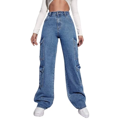 Damen Baggy Jeans Y2K Low Waist Vintage Hose mit Taschen Schlaghose Cargo Pants Fashion Cargohose Streetwear für Frauen Mädchen von Generic