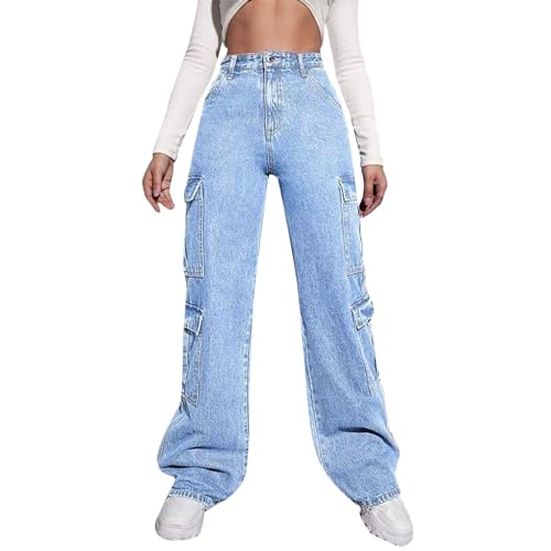 Damen Baggy Jeans Y2K Low Waist Vintage Hose mit Taschen Schlaghose Cargo Pants Fashion Cargohose Streetwear für Frauen Mädchen von Generic