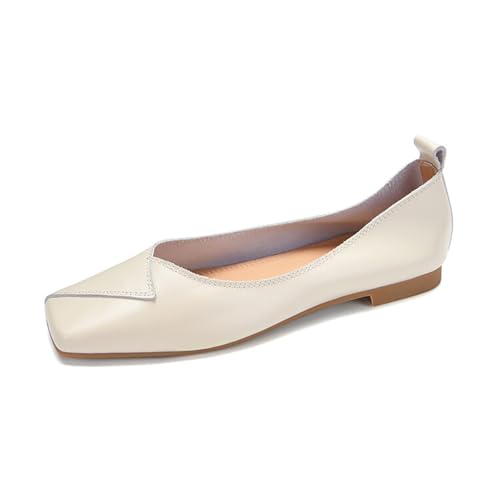 Damen Ballerinas Quadratische Zehe Flacher Absatz Vintage Leder Schlupf Abendschuhe Pumps Schuhe Für Casual Und Walking Langlebige Gummisohle,Beige,43 EU von MiaZane