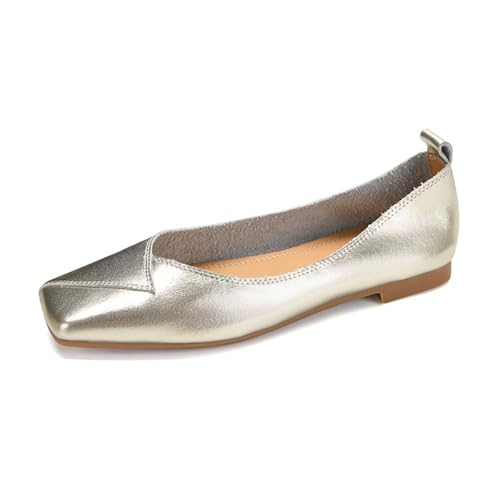 Damen Ballerinas Quadratische Zehe Flacher Absatz Vintage Leder Schlupf Abendschuhe Pumps Schuhe Für Casual Und Walking Langlebige Gummisohle,Gold,37 EU von MiaZane