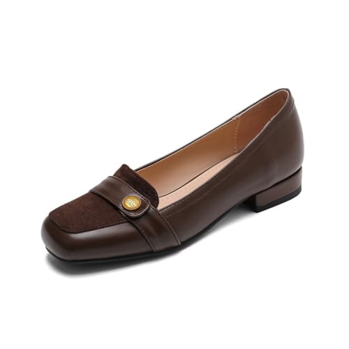 Damen Ballerinas Quadratischer Zeh Leder Wildleder Mix Goldknopf Niedrige Dicke Absätze Slip on Büro Arbeit Kleid Freizeitschuh,Braun,38 EU von Generic
