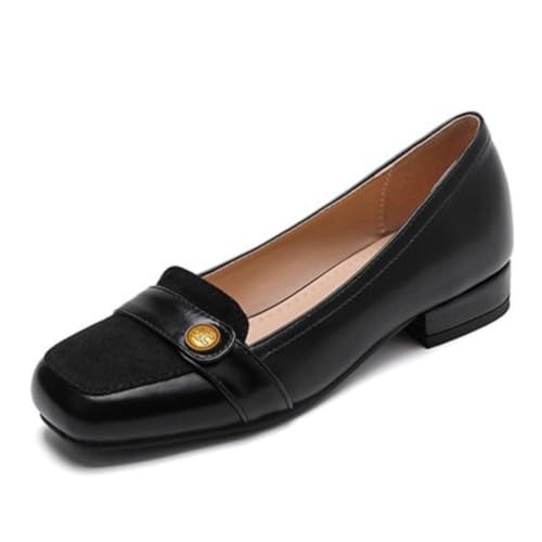 Damen Ballerinas Quadratischer Zeh Leder Wildleder Mix Goldknopf Niedrige Dicke Absätze Slip on Büro Arbeit Kleid Freizeitschuh,Schwarz,42.5 EU von Generic