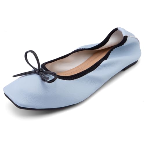Damen Ballerinas aus Geprägtem PU 1cm Quadratspitze Schlupfschuhe (Größen 32-54) für Frühling & Herbst - Leichte Dünnsohle,Sky Blue,43 EU von Generic