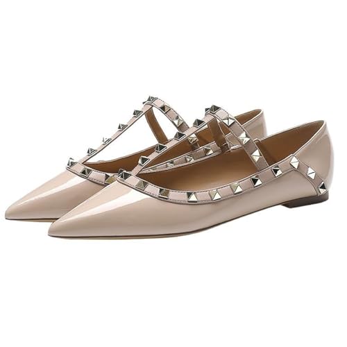 Damen Ballerinas aus Lackleder mit geschlossener spitzer Spitze und Nieten, modische T-Riemen mit flachem Absatz und Nieten, Bequeme Arbeitsschuhe,Beige,40 EU Damen Ballerinas aus Lackleder mit geschlossener spitzer Spitze und Nieten, modische T-Riemen mit flachem Absatz und Nieten, Bequeme Arbeitsschuhe,Beige,40 EU von Generic
