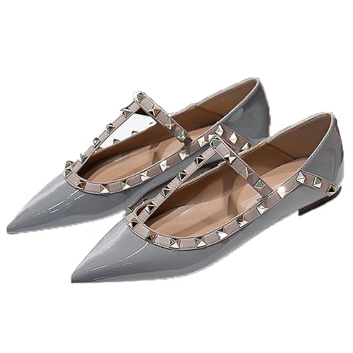 Damen Ballerinas aus Lackleder mit geschlossener spitzer Spitze und Nieten, modische T-Riemen mit flachem Absatz und Nieten, Bequeme Arbeitsschuhe,Blau,39 EU Damen Ballerinas aus Lackleder mit geschlossener spitzer Spitze und Nieten, modische T-Riemen mit flachem Absatz und Nieten, Bequeme Arbeitsschuhe,Blau,39 EU von Generic