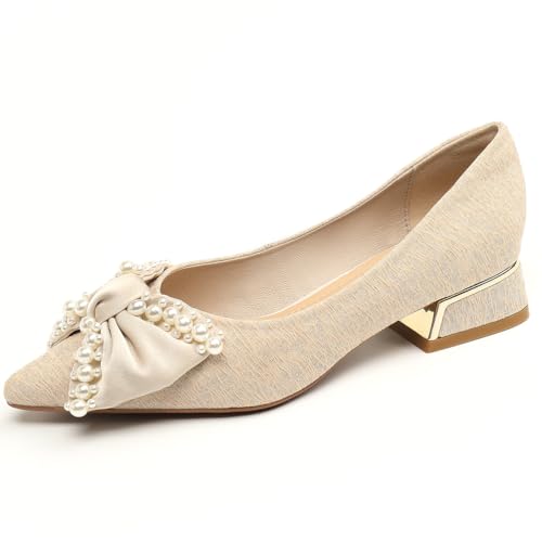 Damen Ballerinen mit Perlen – Spitze, 3cm Blockabsatz, Satin-Schleife, Mandel/Schwarz,Almond,41 EU von Generic