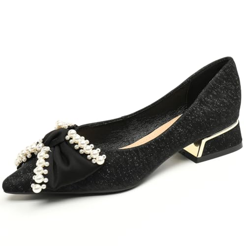 Damen Ballerinen mit Perlen – Spitze, 3cm Blockabsatz, Satin-Schleife, Mandel/Schwarz,Schwarz,41 EU von Generic