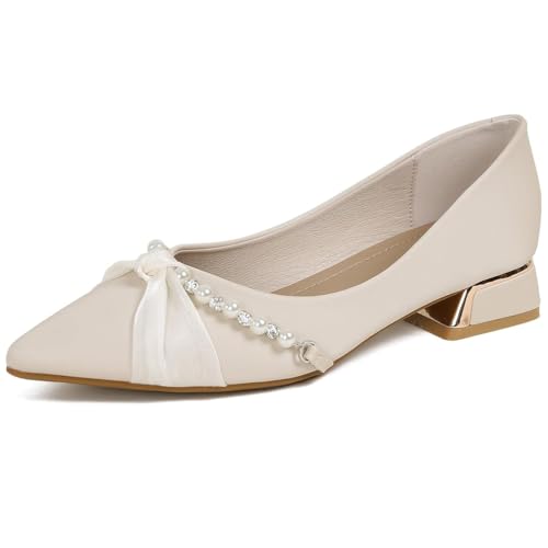 Damen Ballerinen mit Perlenverzierung - Spitze, niedriger Blockabsatz, Satin-Schleife, Mandel/Schwarz,Almond,40 EU von Generic