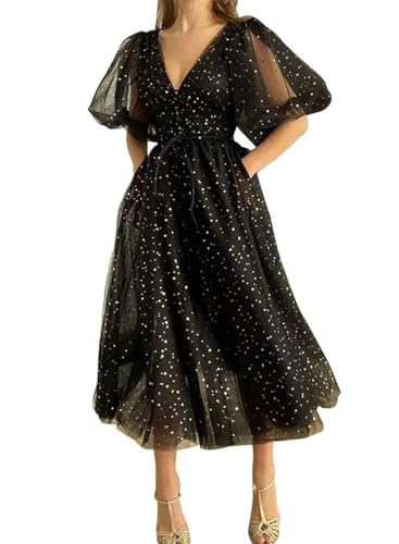 Damen Ballkleid Aus Funkelndem TüLl Mit Sternenmuster PuffäRmeln Abendkleid Formelles A-Linien-Partykleid In Wadenlanger LäNge Mit Schlitz Black XL von Generic