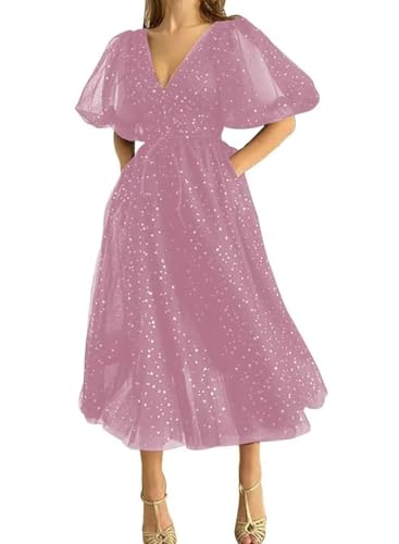 Damen Ballkleid Aus Funkelndem TüLl Mit Sternenmuster PuffäRmeln Abendkleid Formelles A-Linien-Partykleid In Wadenlanger LäNge Mit Schlitz Dusty Rose XL Damen Ballkleid Aus Funkelndem TüLl Mit Sternenmuster PuffäRmeln Abendkleid Formelles A-Linien-Partykleid In Wadenlanger LäNge Mit Schlitz Dusty Rose XL von Generic