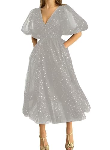 Damen Ballkleid Aus Funkelndem TüLl Mit Sternenmuster PuffäRmeln Abendkleid Formelles A-Linien-Partykleid In Wadenlanger LäNge Mit Schlitz Silver L von Generic
