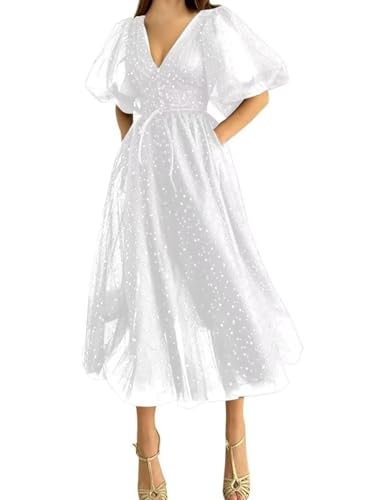 Damen Ballkleid Aus Funkelndem TüLl Mit Sternenmuster PuffäRmeln Abendkleid Formelles A-Linien-Partykleid In Wadenlanger LäNge Mit Schlitz White 5XL von Generic