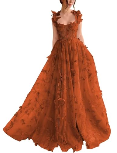 Damen-Ballkleid Aus Tüll Langes Ballkleid Mit Spitzenapplikation 3D-A-Linie Schmetterling Formelles Abend-Partykleid Mit Schlitz Burnt Orange XXL von Generic