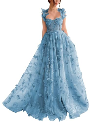 Damen-Ballkleid Aus Tüll Langes Ballkleid Mit Spitzenapplikation 3D-A-Linie Schmetterling Formelles Abend-Partykleid Mit Schlitz Dusty Blue S von Generic