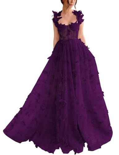Damen-Ballkleid Aus Tüll Langes Ballkleid Mit Spitzenapplikation 3D-A-Linie Schmetterling Formelles Abend-Partykleid Mit Schlitz Grape Plum XL von Generic