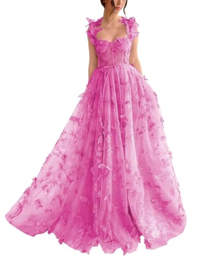 Damen-Ballkleid Aus Tüll Langes Ballkleid Mit Spitzenapplikation 3D-A-Linie Schmetterling Formelles Abend-Partykleid Mit Schlitz Hot Pink XXS von Generic