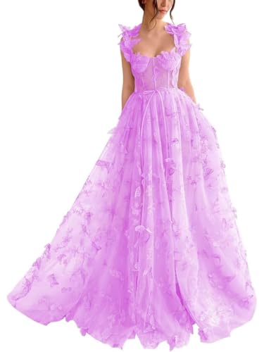 Damen-Ballkleid Aus Tüll Langes Ballkleid Mit Spitzenapplikation 3D-A-Linie Schmetterling Formelles Abend-Partykleid Mit Schlitz Lilac 4XL von Generic