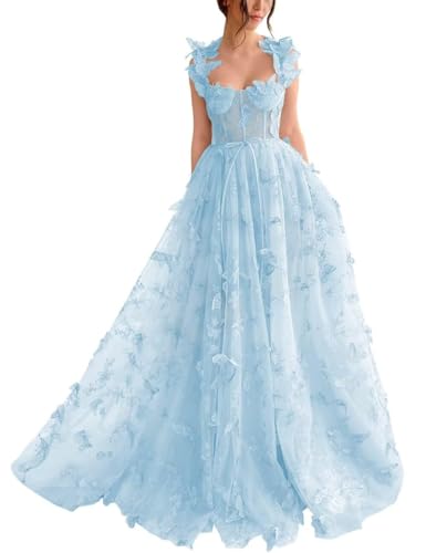 Damen-Ballkleid Aus Tüll Langes Ballkleid Mit Spitzenapplikation 3D-A-Linie Schmetterling Formelles Abend-Partykleid Mit Schlitz Sky Blue M von Generic