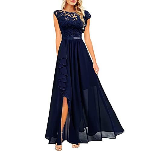 Damen Ballkleid Maxi Lang Abendkleider Elegant für Hochzeit Spitzen Cocktailkeid mit Asymmetrischem Jugendweihe Kleid Partykleid Knielang Asymmetrisch Lang Long Spitze Rückenfrei Festlich (Blue, XL) von Generic
