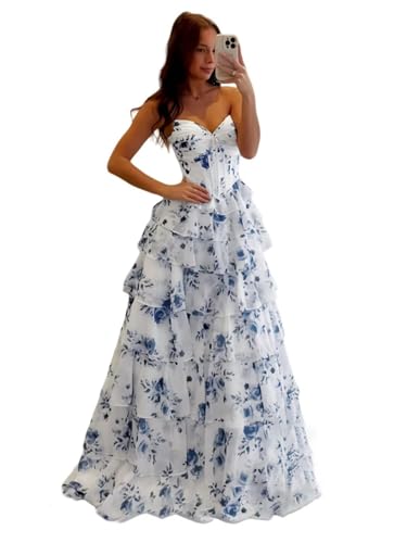 Damen Ballkleid Mit Blumenmuster TräGerlos Korsett Partykleid Lang RüSchen Formelles Abendkleid Mit Schlitz Dusty Blue M von Generic