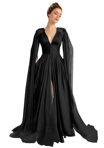 Damen Ballkleid Mit V-Ausschnitt TüLl Spitzenapplikationen Ballkleid Mit Umhang,Schlitz Formelles Abendkleid Mit Taschen Black XXL von Generic